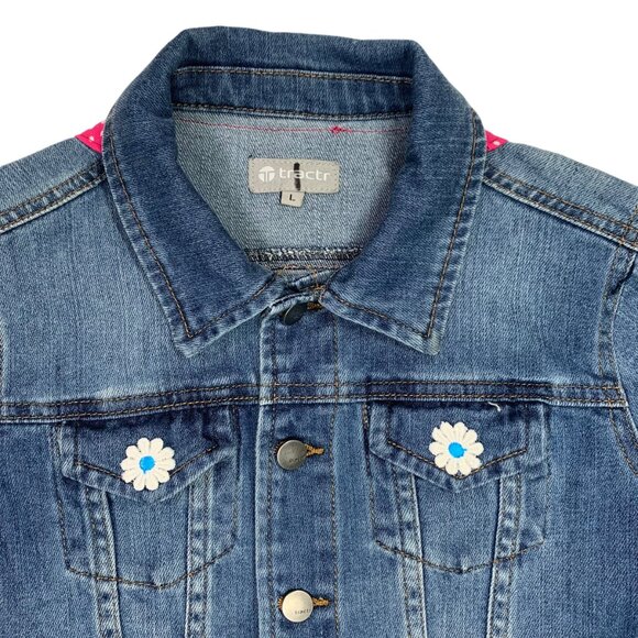 Tractor Denim Jacket Sugar Skull Jean Pink Black Day Dead Trucker Girls Large - Picture 4 of 11